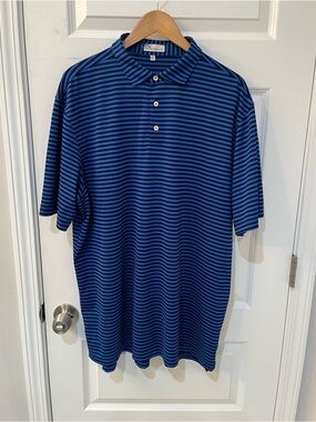 Peter Millar XL Blue Black Striped Polo Shirt Golf Casual Short Sleeve Preppy